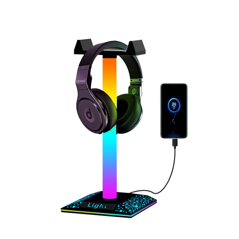 RGBIC Headset Stand Dreamcolor Lights with Type-c USB Ports Headphone Holder for TV Desktop Gamers Gaming PC Accessories Desk